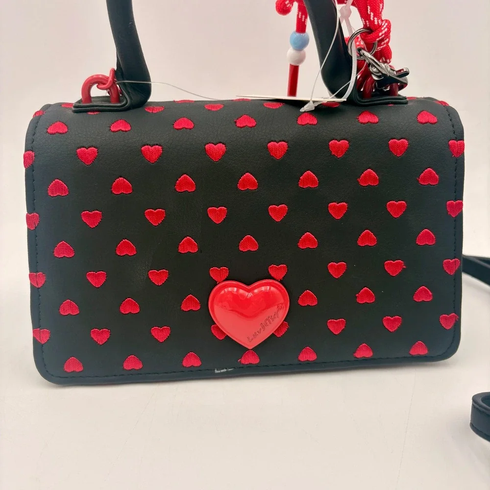 Betsey Johnson Black Red Hearts Mini‎ Top Handle Crossbody Valentine Bag Purse